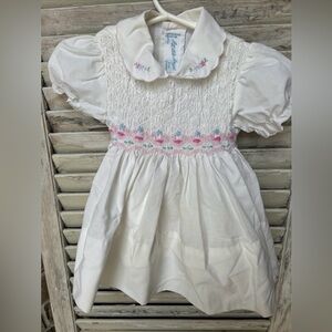 Vintage A Little Angel  Baby Dress Hand Smocked White Pink Floral 12 Months. L